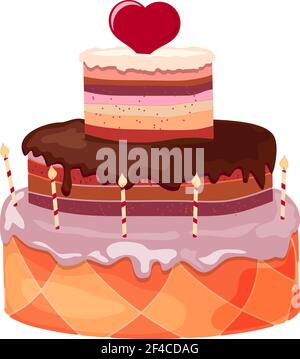 Stock Vektor Cartoon festliche süße Kuchen mit Kerzen und rotem Herz auf weißem Hintergrund. Geburtstagssymbol, Valentinstag Stock Vektor