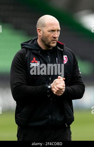 LONDON, ENGLAND. MÄRZ 20th: George Skivington, Cheftrainer von Gloucester, schaut während des Gallagher Premiership-Matches zwischen Harlequins und Gloucester Rugby in Twickenham Stoop, London am Samstag, 20th. März 2021. (Kredit: Juan Gasparini - MI News) Kredit: MI Nachrichten & Sport /Alamy Live Nachrichten Stockfoto