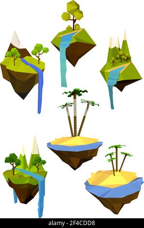 Vektor-Set von farbigen fliegenden Inseln mit Bäumen, Bergen und Wasserfällen. Abstraktes Symbol der Natur. Symbol „Ökologie“. Vektorgrafik für Aktien Stock Vektor