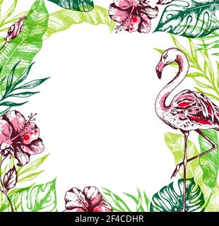 Sommer floralen tropischen Rahmen mit grünen Palmblättern, Hibiskusblüten und rosa Flamingo. Tropische Pflanzen auf weißem Hintergrund. Handgezeichnete Vektorgrafik. Stock Vektor