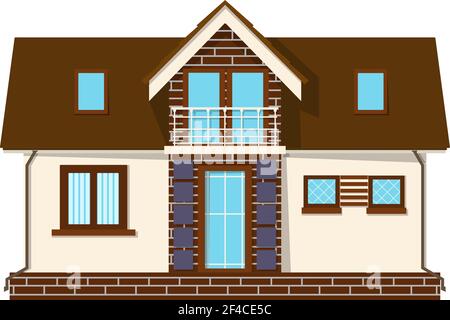 Schönes kleines Haus mit Dachboden, Balkon. Gebäude mit Dachboden. Gemütliches Landhaus mit einem Zwischengeschoss. Vektorgrafik für Aktien Stock Vektor