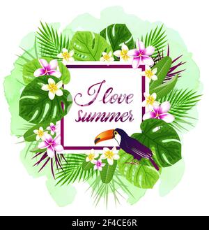 Sommer Vektor tropischen Hintergrund mit Plumeria Blumen, grüne Blätter und Tukan. . Sommer Vektor tropischen Hintergrund mit Tukan Stock Vektor