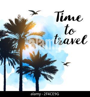 Reise Hintergrund mit Silhouetten von Palmen und Sonne auf einem blauen Aquarell Textur. Vektorgrafik... Silhouetten von Palmen und Sonne Stock Vektor
