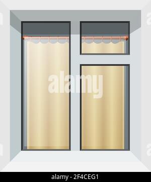 Vektor-Illustration von abstrakten modernen Kunststoff-Fenster mit gelben Vorhang. Realistisches Bild eines isolierten Felds auf weißem Hintergrund. Stock Vektor