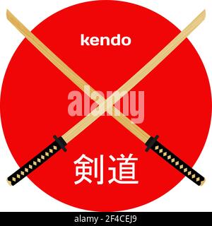 Zwei gekreuzte hölzerne Trainingsschwert für Kendo. Japanische Holzschwerter, Kendo-Kunst. Shinai-Schwert. Vektor Kendo Waffe. Hieroglyphen Kendo’’ Stock Vektor