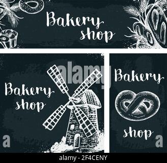 Satz von Vintage Hand gezeichnet Vektor Banner mit Backwaren auf dem Schwarzen Brett. Vintage Hintergründe mit Essen. Stock Vektor