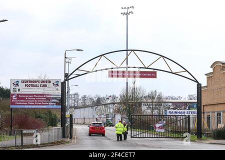 Ein allgemeiner Blick außerhalb des Stadions vor dem Sky Bet League Two Spiel im Sands Venue Stadium, Scunthorpe. Bilddatum: Samstag, 20. März 2021. Stockfoto