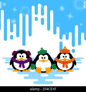 Vektor-Illustration eines Sets niedlichen kleinen Pinguin in einem gestrickten Hut auf Winter abstrakt gestreiften Hintergrund. Stock Vektor