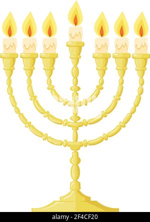 Vektordarstellung einer Menora mit Kerzen auf weißem Hintergrund. Cartoon-Bild der jüdischen Menora. Cartoon-Stil. Das Thema der jüdischen Religion Stock Vektor