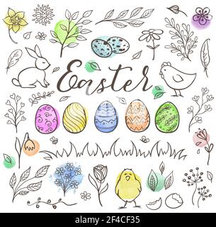 Set von dekorativen handgezeichneten Ostern Doodle Elemente für Design. Vektor-Kit mit Aquarell-Textur. Stock Vektor
