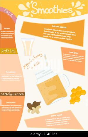 Honig Süße Smoothies. Glas mit einem Vitamin-Cocktail-Smoothie aus Nüssen, Joghurt, Honig mit Elementen der Infografiken und Text. Vektor-Illustration einer natürlichen und gesunden Ernährung. Stock Vektor