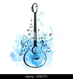 Abstraktes Musikposter mit Gitarre und Noten auf blauem Aquarell-Hintergrund. Vektorgrafik... Gitarre und Noten auf blauem Aquarellhintergrund Stock Vektor