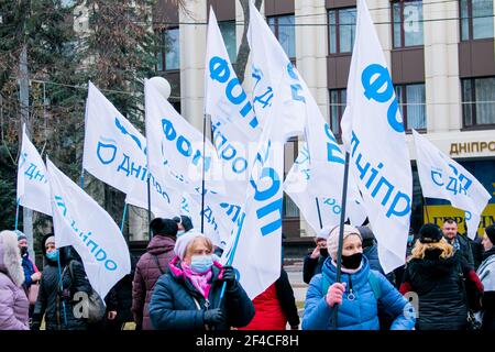 Dnipropetrovsk, Ukraine -03,19.2021: Unternehmer versammelten sich, um gegen die Sperre zu protestieren. Stockfoto