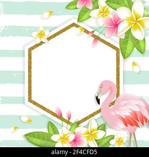 Sommer Vektor tropischen Hintergrund mit Plumeria Blumen, grüne Blätter und rosa Flamingo. . Florales tropisches Banner mit Flamingo Stock Vektor