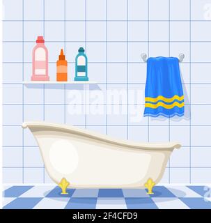 Vektor-Illustration von Vintage-Badewanne auf dem Fliesenboden mit Plastikflaschen Shampoo und einem blauen Handtuch an der Wand. Cartoon-Stil. Satz von Pflegeartikeln. Badezimmer im Retro-Stil Stock Vektor