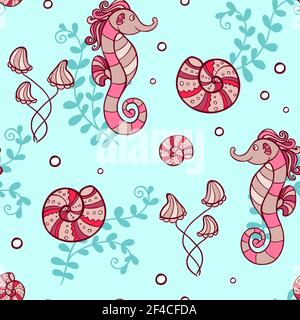 Marine nahtlose Muster mit Seepferdchen und Muscheln auf einem grünen Hintergrund. Handgezeichnete Vektorgrafik. Marine nahtlose Muster mit Seepferdchen Stock Vektor