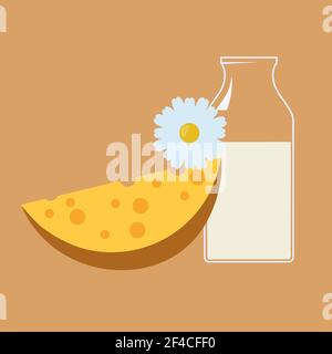 Vektor-Illustration von Käse und Milchflasche auf einem gelben Hintergrund. Milch, Käse, blaue Blume. Essen im Cartoon-Stil Stock Vektor