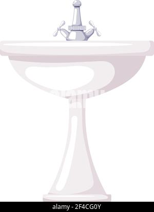 Vektor-Illustration eines Keramik-Waschbeckens auf weißem Hintergrund. Cartoon Waschbecken mit Wasserhahn. Isolierter Gegenstand. Pflegeprodukt. Badezimmer Stock Vektor