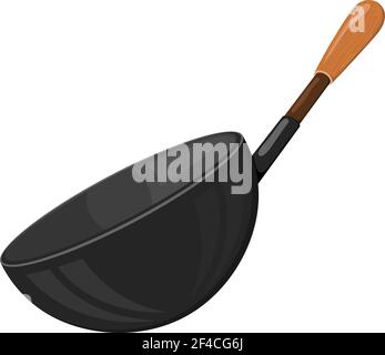 Cartoon Vektorbild einer schwarzen Bratpfanne mit einem Holzgriff auf weißem Hintergrund. Küchenutensilien. Zubehör für die Küche. Vektorgrafik für Aktien Stock Vektor