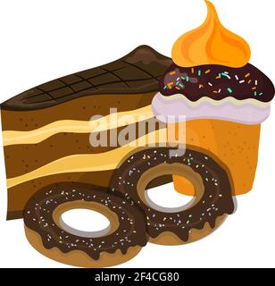 Vektor-Illustration von einem Stück Kuchen, Donuts und Gebäck. Cartoon-Stil. Süßes Essen Stock Vektor
