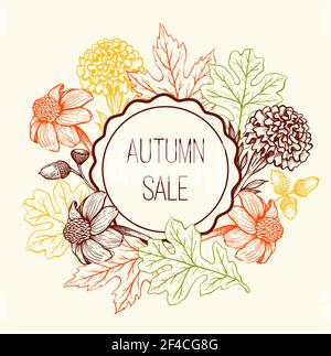 Herbst Vektor Vintage Hintergrund mit orangen Ahornblättern und Blumen. Blumenrahmen für saisonalen Herbst Verkauf. Stock Vektor