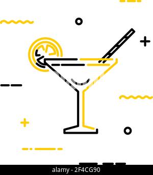 Schwarze flache Cocktail martini-Ikone mit Zitrone und Strohhalmen auf weißem Hintergrund. Vektorgrafik. Linearer Stil Stock Vektor