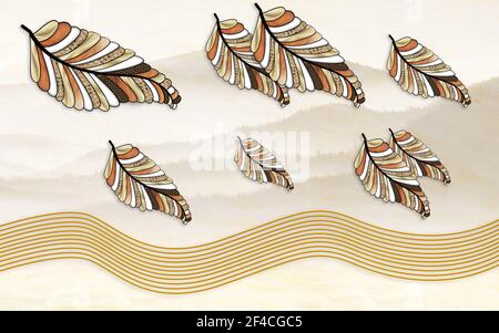 3D Wandtapete . Illustration Illustration Baum Blätter von Blumen, Weben goldene Linien für Wanddekor . Hellbeiger Hintergrund Stockfoto