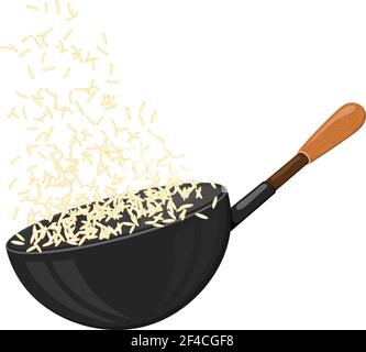 Große Pfanne mit Reis auf weißem Hintergrund. Symbol für einfaches Essen. Menüelement, Küchendesign. Vektorgrafik für Aktien Stock Vektor