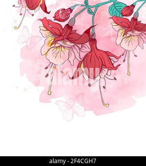 Rote tropische Blumen und Schmetterlinge auf einem rosa Aquarell Hintergrund. Handgezeichnete Vektorgrafik. Rote tropische Blumen und Schmetterlinge Stock Vektor