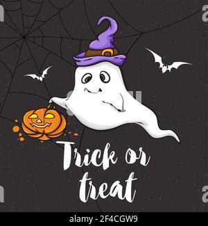 Halloween Grußkarten mit niedlichen kleinen Geist in einem violetten Hut. Trick oder Festlichkeit Schriftzug. Vector Illustration. Stock Vektor