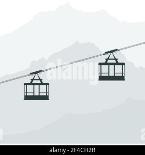 Schwarze Silhouette der Kabinenbahn. Design-Element der Seilbahn. Abstrakte Hütte auf einem Hintergrund von Bergen. Vektorgrafik für Aktien Stock Vektor