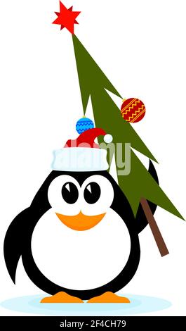Kleiner fröhlicher Pinguin mit Weihnachtsbaum im Hut des Weihnachtsmannes. Cartoon-Stil. Vektor-Illustration eines kleinen Pinguins. Stock Vektor
