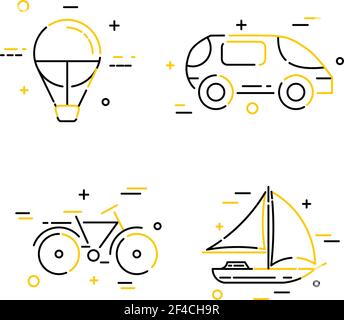 Satz von kreativen flachen linearen Reise-Symbole in Farbe. Vektorgrafik Stock Vektor