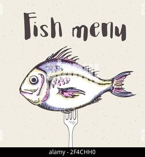 Vintage-Menü mit Fisch und Gabel. Handgezeichnete Vektorgrafik Stock Vektor