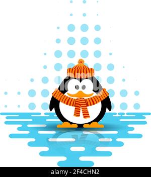 Vektor-Illustration eines niedlichen kleinen Pinguin trägt einen Hut und Schal mit Reflexion auf dem Eis auf einem abstrakten Hintergrund. Cartoon-Stil Stock Vektor