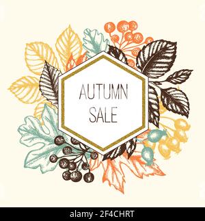 Herbst floralen Hintergrund mit Blättern und Beeren. Vintage Vektor golden glitzernden Banner für saisonale Herbst Verkauf. Stock Vektor