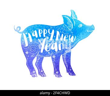 Niedliches Schwein Symbol des chinesischen Tierkreises für 2019 neues Jahr. Blaue Aquarell Silhouette von Schwein und Schriftzug. Handgezeichnete Vektorgrafik Stock Vektor