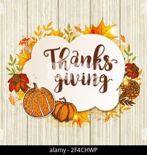 Vintage-Grußkarte zum Thanksgiving Day mit orangefarbenen Kürbissen, Blumen und Ahornblättern auf einem Holzhintergrund. Handgezeichnete Vektorgrafik. Stock Vektor