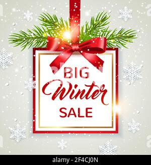 Dekorative winter Rahmen mit roter Schleife, grüne Tanne Zweig und weißen Schneeflocken. Design für saisonale Weihnachten Verkauf Stock Vektor