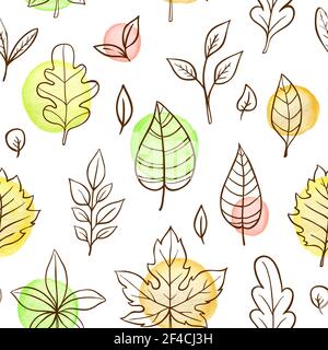 Herbst Doodle nahtlose Muster mit fallenden Blättern auf weißem Hintergrund. Handgezeichnete Vektorgrafik mit Aquarellelementen. Stock Vektor