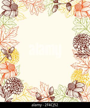 Herbst Vintage Hintergrund mit Blumen und Blättern. Handgezeichnete Vektorgrafik. Dekorativer Blumenrahmen. Stock Vektor