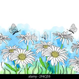 Kamillenblumen und Schmetterling auf einem blauen Aquarell Hintergrund. Handgezeichnete Vektorgrafik Stock Vektor