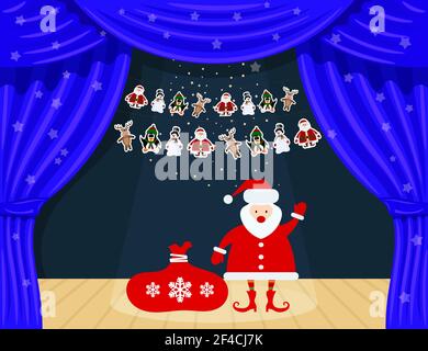 Blue Cartoon Theater. Theatervorhang mit Strahlern Strahl, Sterne und Girlanden mit Santa Claus. Offener Theatervorhang. Blaue Seide Seitenaufstellungen auf der Bühne. Stock-Vektor Stock Vektor