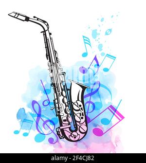 Noten und Saxophon mit rosa und blauen Aquarelltextur. Abstrakter Vektor musikalischer Hintergrund Stock Vektor