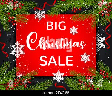 Roter Vektor Weihnachten Hintergrund mit grünen Tannenzweig und weißen Schneeflocken. Design für saisonalen Winterverkauf Stock Vektor