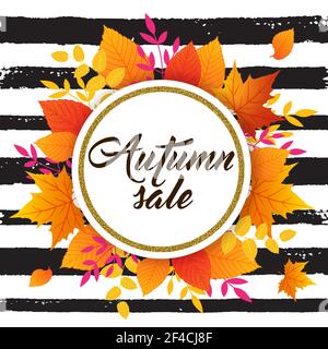 Herbst Vektor Hintergrund mit orange fallende Blätter und schwarze Streifen. Abstraktes rundes goldenes Banner für saisonalen Herbst Verkauf. Stock Vektor