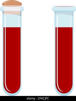 Vektordarstellung eines Glasröhrchens Blut. Bluttest. Cartoon-Stil. Reagenzgläser mit Blut auf weißem Hintergrund, isoliertes Objekt. Medizinische Forschung Stock Vektor