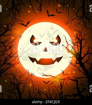 Halloween Grusskarten mit unheimlichen Gesicht auf dem Mond, Fledermäuse und Silhouette des Baumes. Vector Illustration Stock Vektor