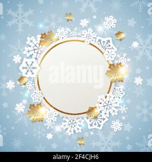 Weihnachtshintergrund mit goldenem runden Rahmen und weißen Schneeflocken. Grußkarte zum neuen Jahr. Vektorgrafik Stock Vektor