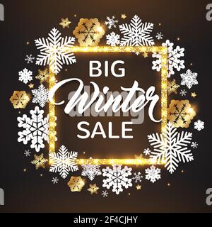 Weihnachtliche abstrakte Hintergrund mit goldenem glitzernden Rahmen und weißen Schneeflocken. Grußkarte zum neuen Jahr. Vektorgrafik. Stock Vektor